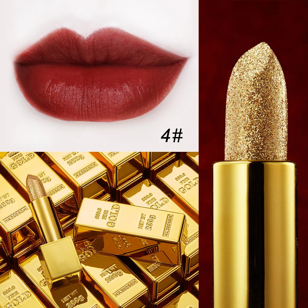 Rouge à Lèvres Glitter Hydratant Velours Mat Or – Waterproof Longue Tenue | Lèvres Brillantes Rouge Sexy Cosmétique Pigmenté