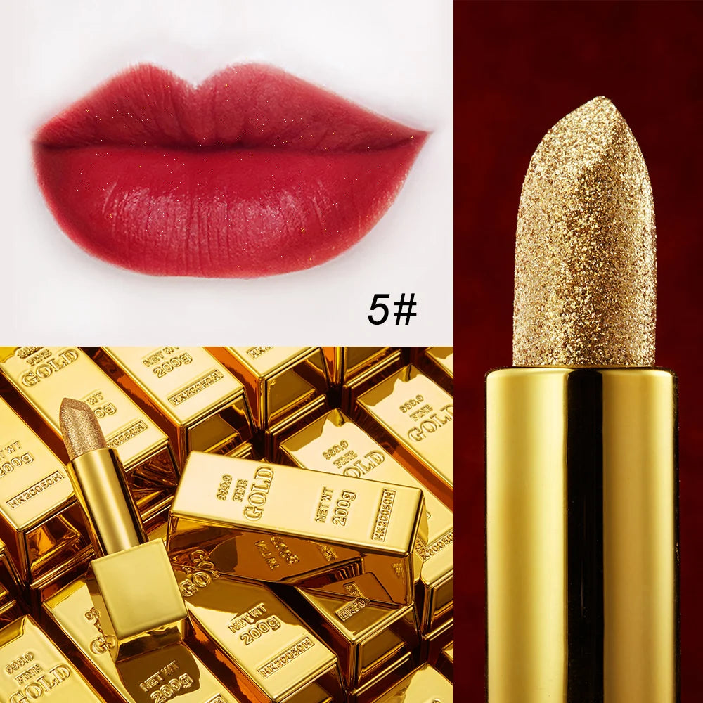 Rouge à Lèvres Glitter Hydratant Velours Mat Or – Waterproof Longue Tenue | Lèvres Brillantes Rouge Sexy Cosmétique Pigmenté