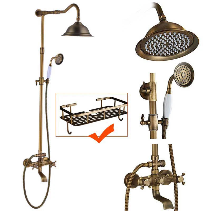 Rozin Ensemble Douche Antique Laiton Mural – Double Poignée, Douchette & Étagère Intégrée | Mitigeur Style Vintage