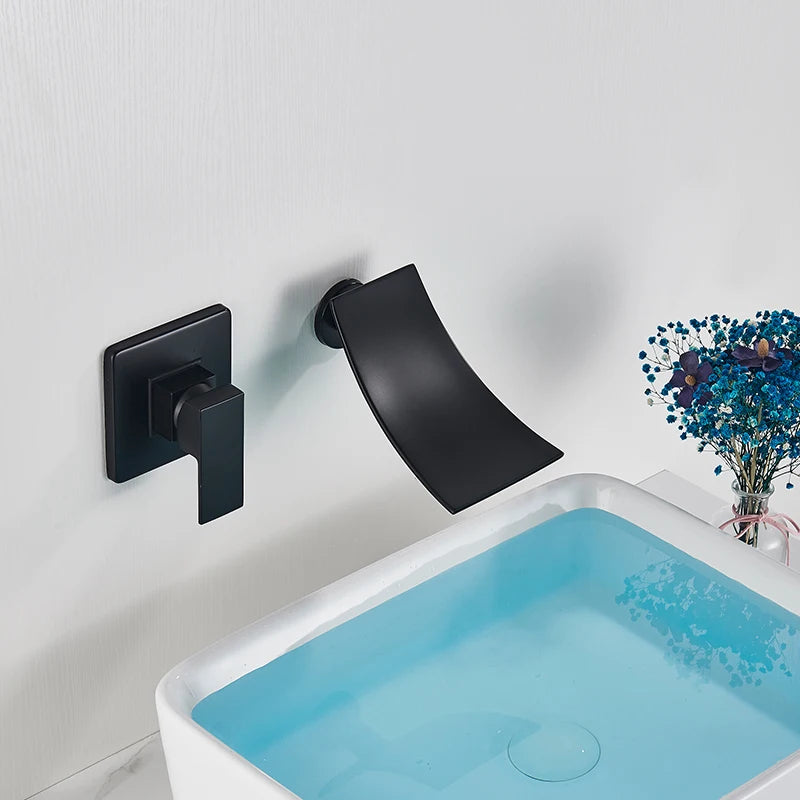 Rozin Robinet Lavabo Cascade Mural – Chrome & Noir Mat, Mitigeur Mono-Commande | Eau Chaude & Froide Salle de Bain