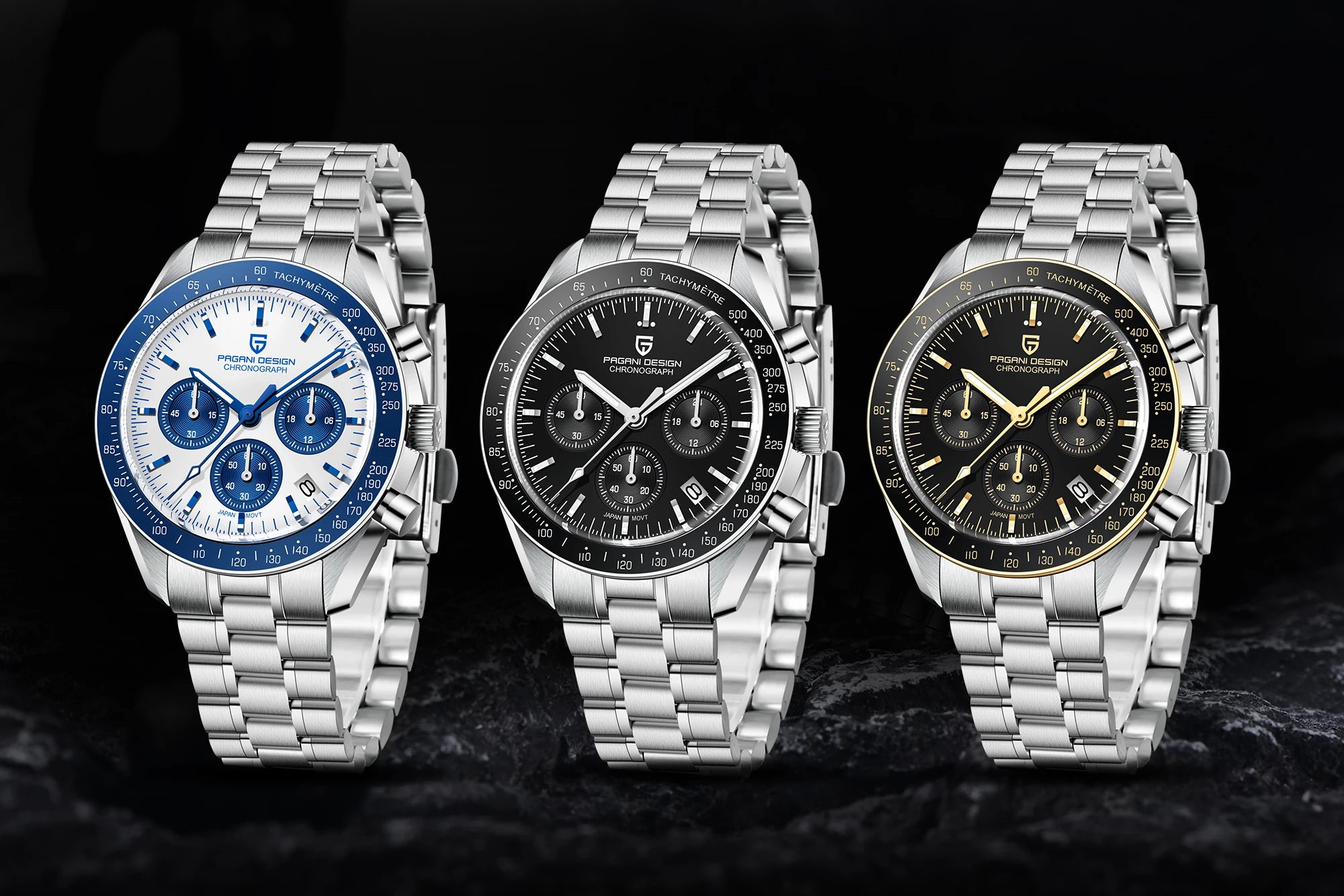 Montre Homme PAGANI DESIGN 2025 Lune Or Argent Quartz – Chronographe Saphir AR Date Auto