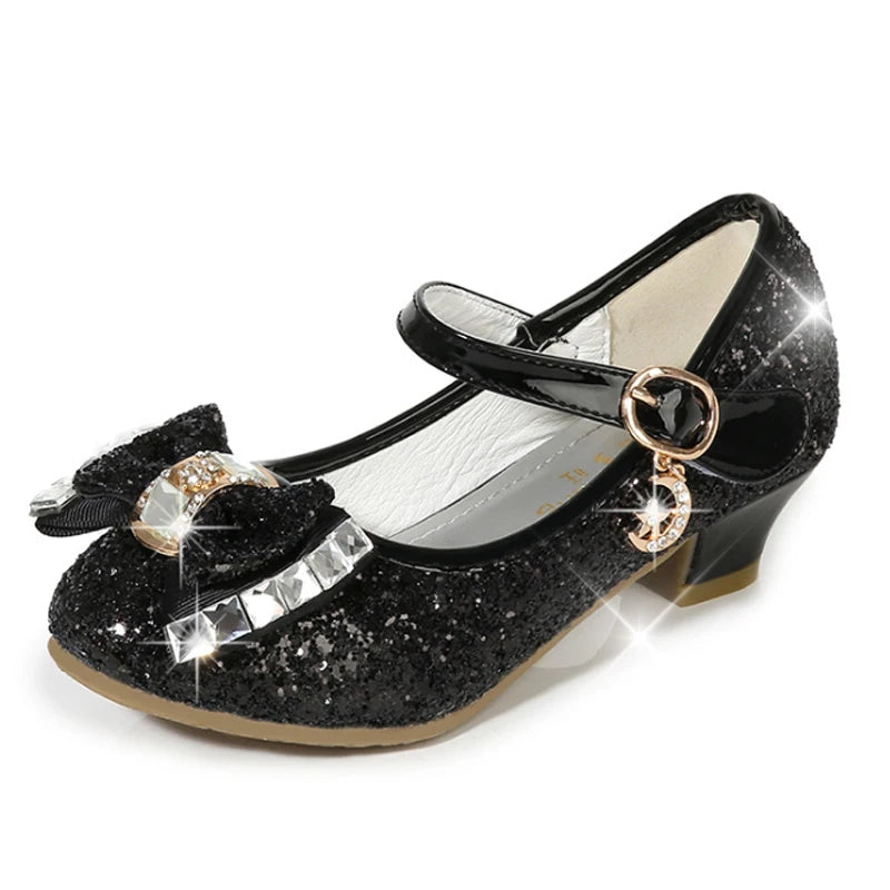 Chaussures Princesse Fille Cuir Paillettes Talon – Nœud Papillon Fleur Bleu Rose Argenté