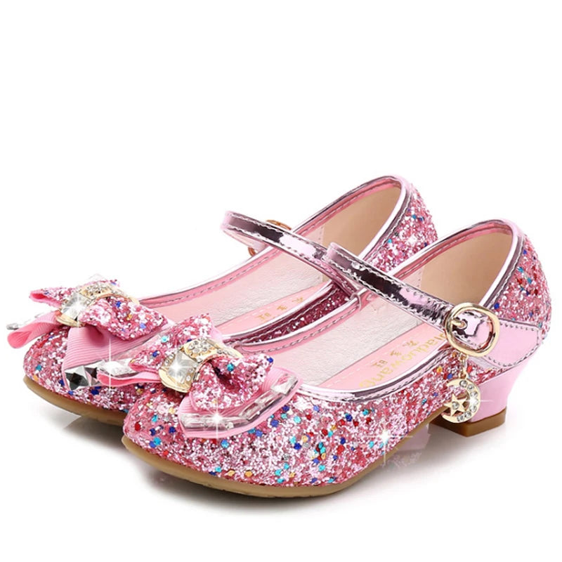 Chaussures Princesse Fille Cuir Paillettes Talon – Nœud Papillon Fleur Bleu Rose Argenté