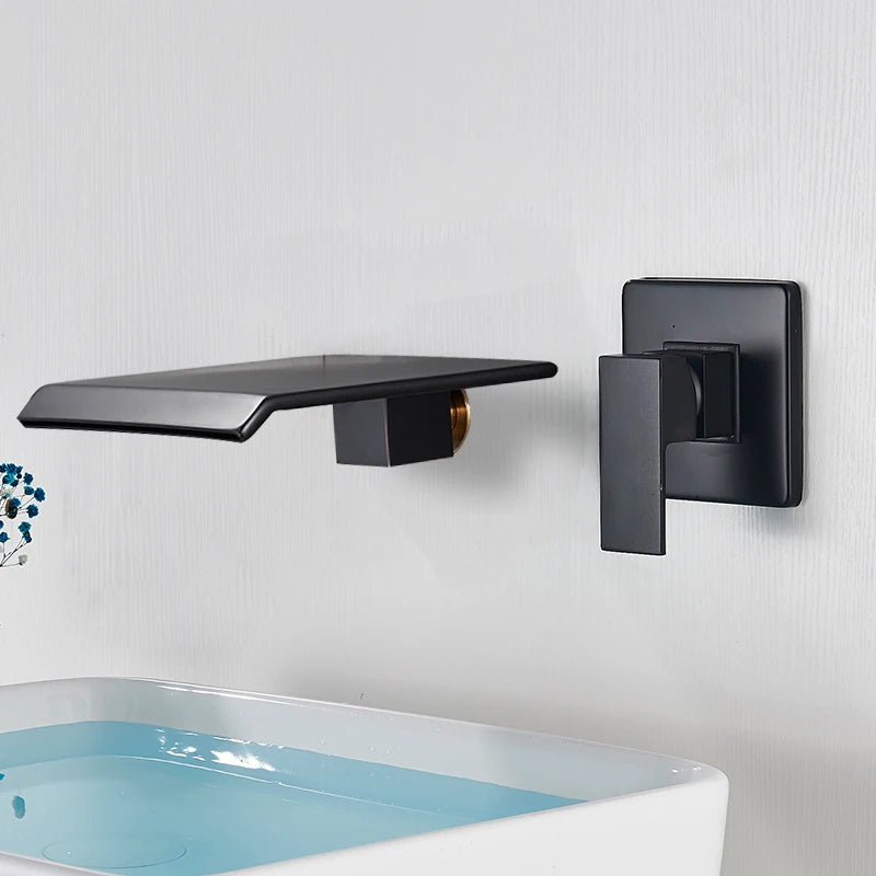 Rozin Robinet Lavabo Cascade Mural – Chrome & Noir Mat, Mitigeur Mono-Commande | Eau Chaude & Froide Salle de Bain