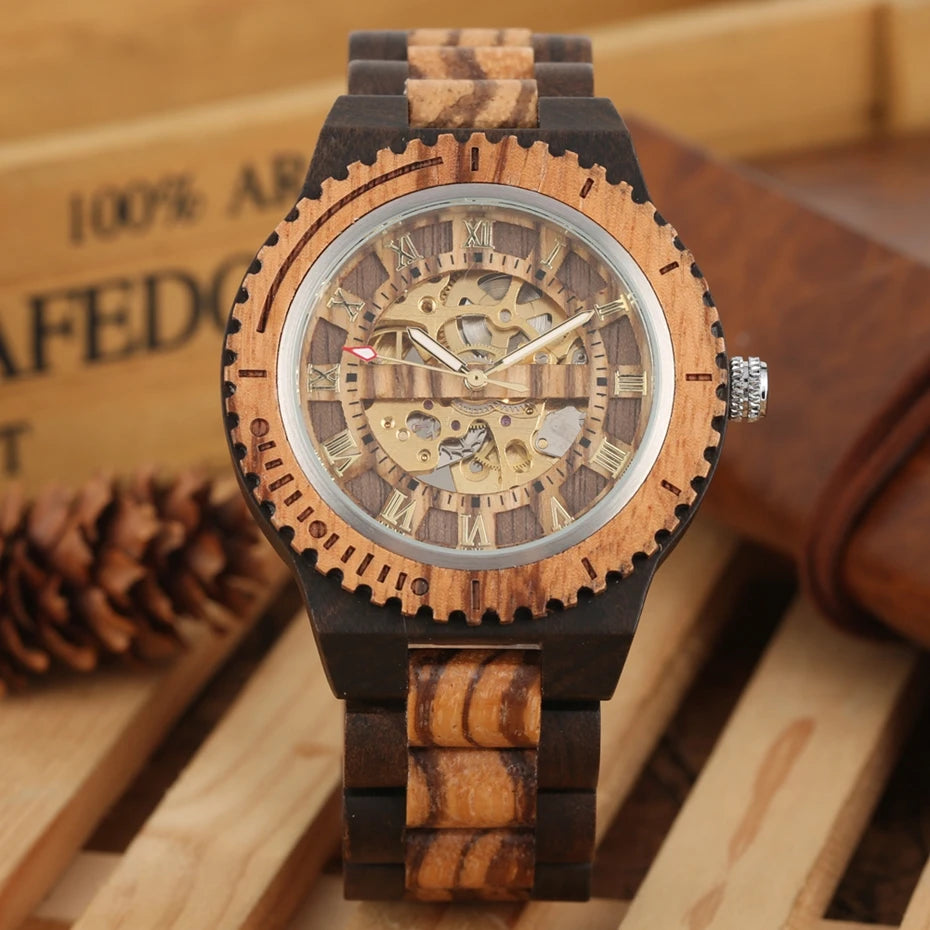 Montre Homme Luxe Mécanique Automatique Bois Bracelet Réglable – Fashion Éco-Responsable Unique