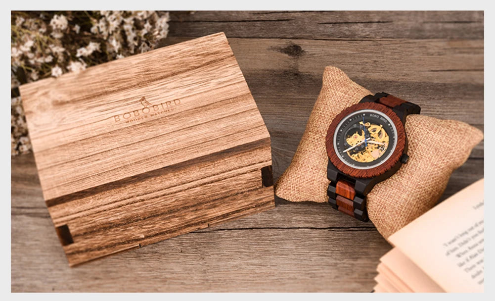 Montre Homme BOBO BIRD Bois Mécanique Luxe – Grand Cadran Top Brand Naturel Unique