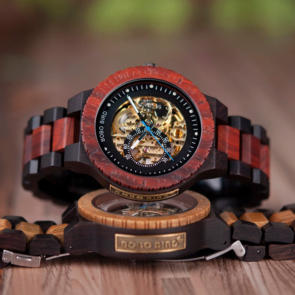 Montre Homme BOBO BIRD Bois Mécanique Luxe – Grand Cadran Top Brand Naturel Unique