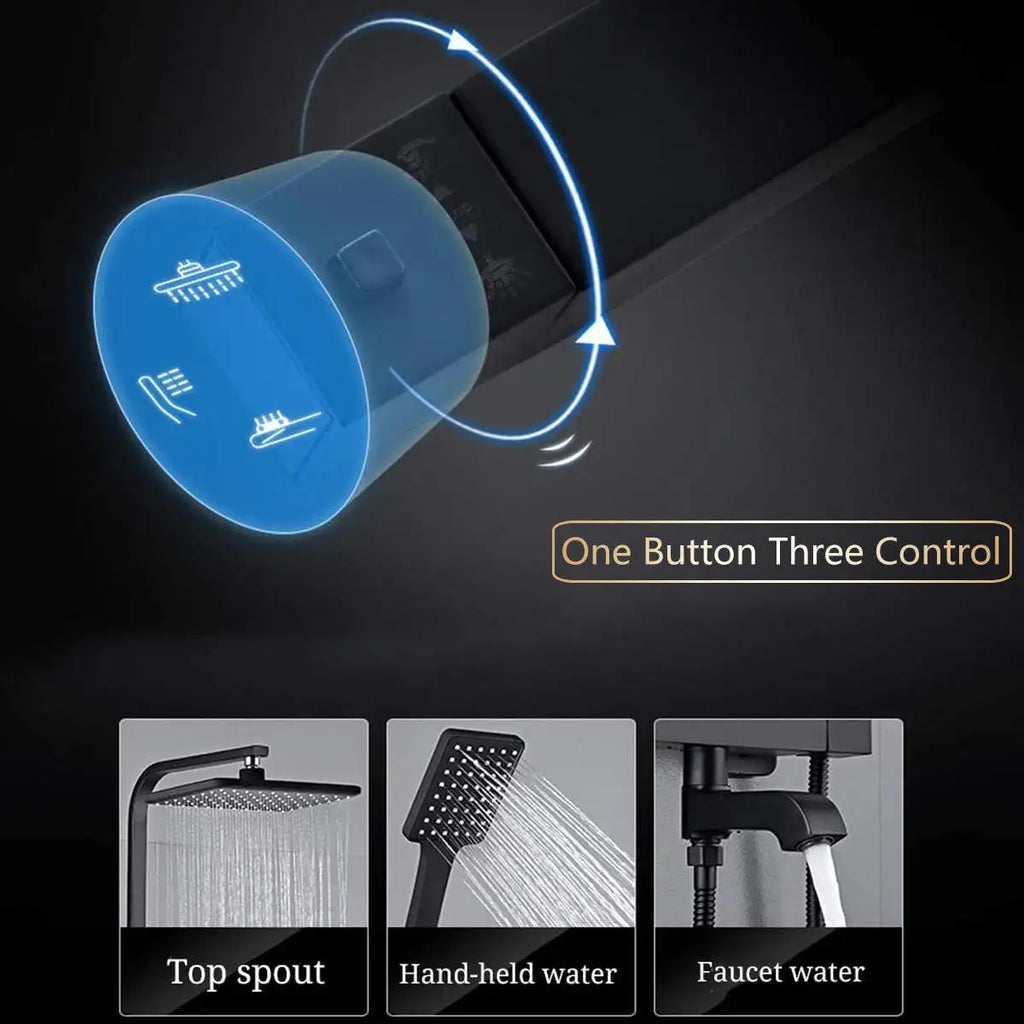 JETEVEVEN Ensemble Douche Pluie Mural Noir Mat – 3 Voies, Étagère Intégrée, Mitigeur Baignoire | Système Douche Complet