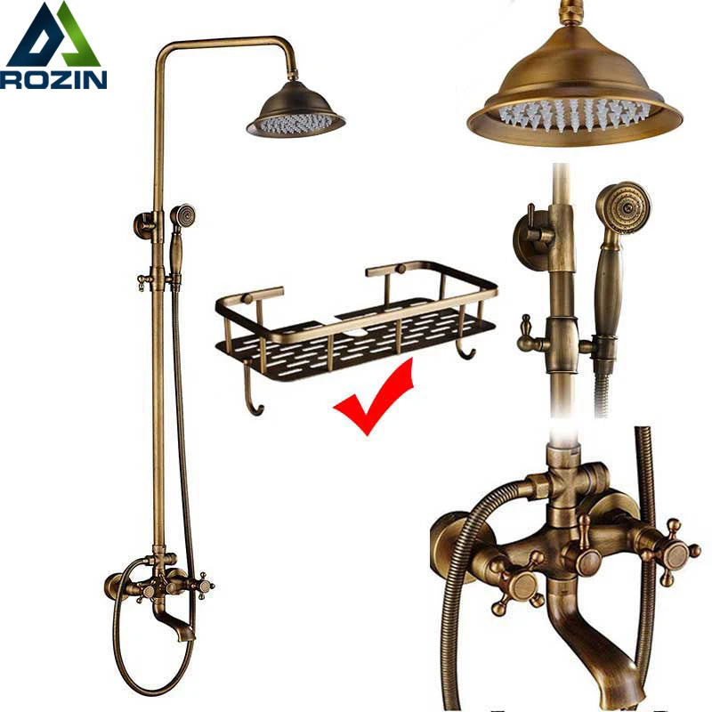 Rozin Ensemble Douche Antique Laiton Mural – Double Poignée, Douchette & Étagère Intégrée | Mitigeur Style Vintage