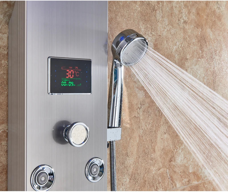 Panneau Douche LED 6 Modes Intelligent – Colonne LCD Rose Gold | Pluie, Cascade, Jets Massage & Robinet Mitigeur