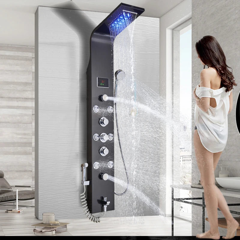 Panneau Douche LED 6 Modes Intelligent – Colonne LCD Rose Gold | Pluie, Cascade, Jets Massage & Robinet Mitigeur