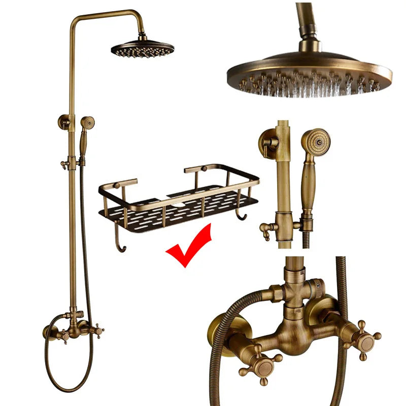 Rozin Ensemble Douche Antique Laiton Mural – Double Poignée, Douchette & Étagère Intégrée | Mitigeur Style Vintage