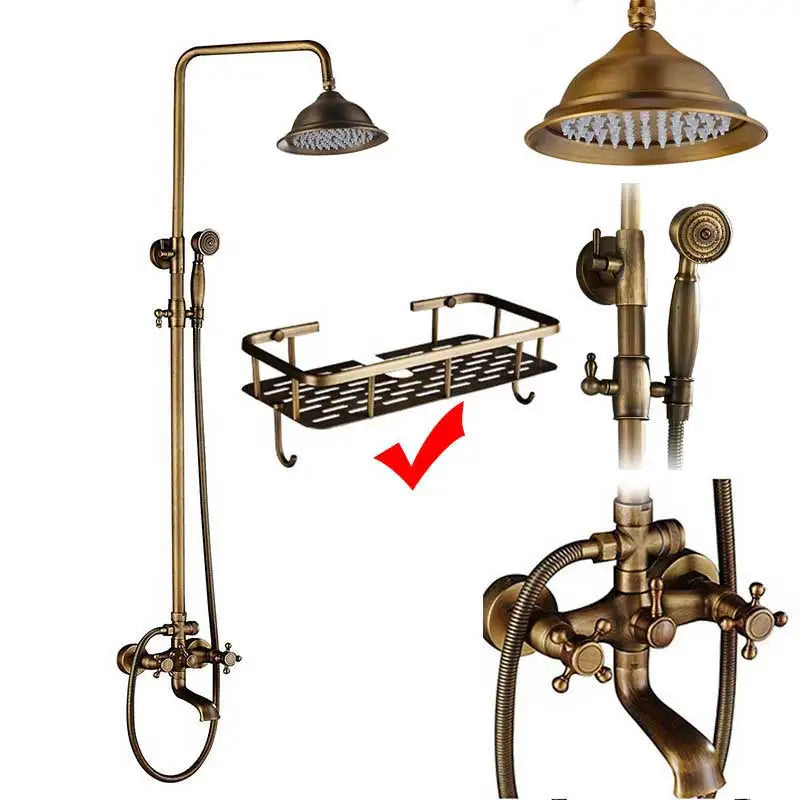 Rozin Ensemble Douche Antique Laiton Mural – Double Poignée, Douchette & Étagère Intégrée | Mitigeur Style Vintage