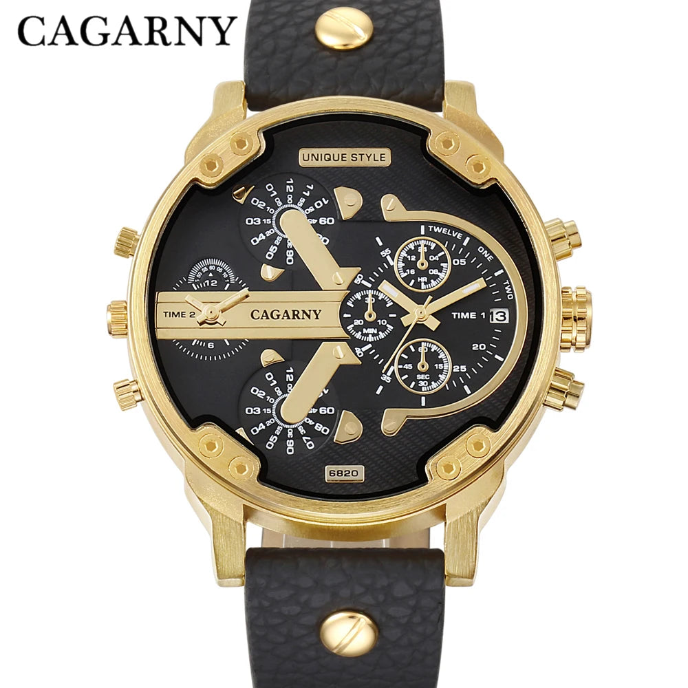 Montre Homme Cagarny D6820 Quartz Militaire – Double Fuseau Bracelet Cuir Fashion
