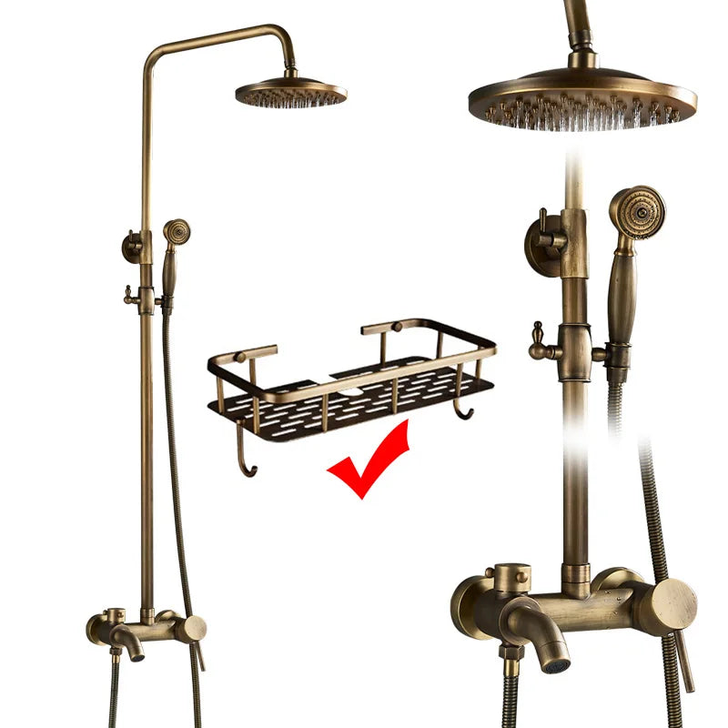 Rozin Ensemble Douche Antique Laiton Mural – Double Poignée, Douchette & Étagère Intégrée | Mitigeur Style Vintage