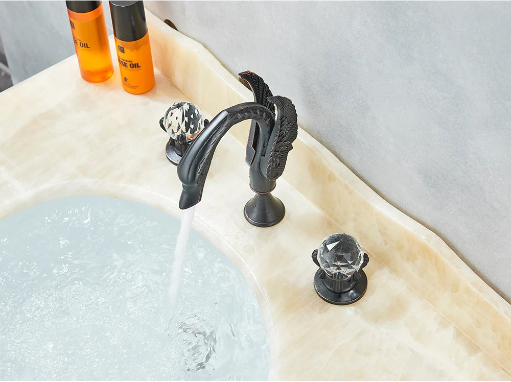 Rozin Robinet Lavabo Cygne Or Luxe – Double Poignée Cristal, Mitigeur Eau Chaude & Froide | Pièce Maîtresse Salle de Bain