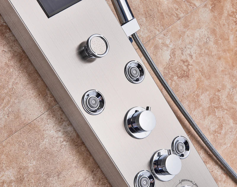 Colonne Douche LED Luxe Nickel Brossé – SPA Jets Massage, Affichage Digital Température | Panneau Douche Tour Salle de Bain