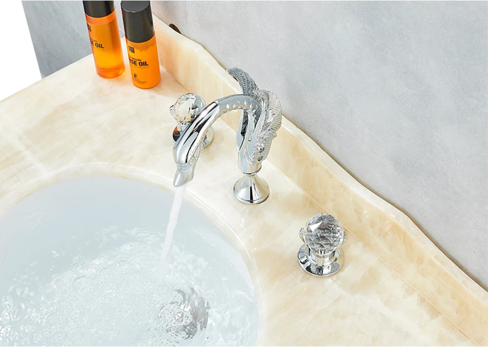 Rozin Robinet Lavabo Cygne Or Luxe – Double Poignée Cristal, Mitigeur Eau Chaude & Froide | Pièce Maîtresse Salle de Bain