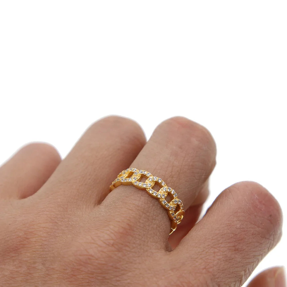 Bague Cercle Pavé CZ Luxe Chaîne Cubaine Dorée – Bijou Minimaliste Fashion Mixte
