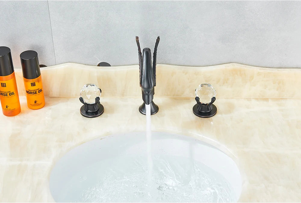 Rozin Robinet Lavabo Cygne Or Luxe – Double Poignée Cristal, Mitigeur Eau Chaude & Froide | Pièce Maîtresse Salle de Bain