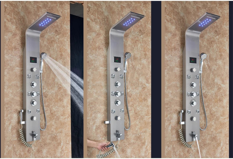 Panneau Douche LED 6 Modes Intelligent – Colonne LCD Rose Gold | Pluie, Cascade, Jets Massage & Robinet Mitigeur