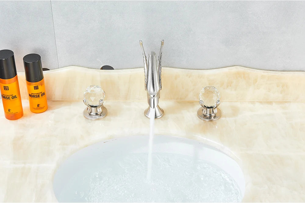 Rozin Robinet Lavabo Cygne Or Luxe – Double Poignée Cristal, Mitigeur Eau Chaude & Froide | Pièce Maîtresse Salle de Bain
