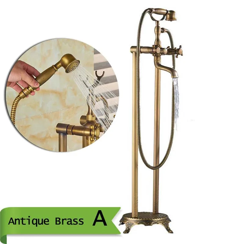 Robinet Baignoire Ìlot Sol Laiton Antique – Double Poignée, Bec Pivotant & Douchette | Style Vintage Salle de Bain
