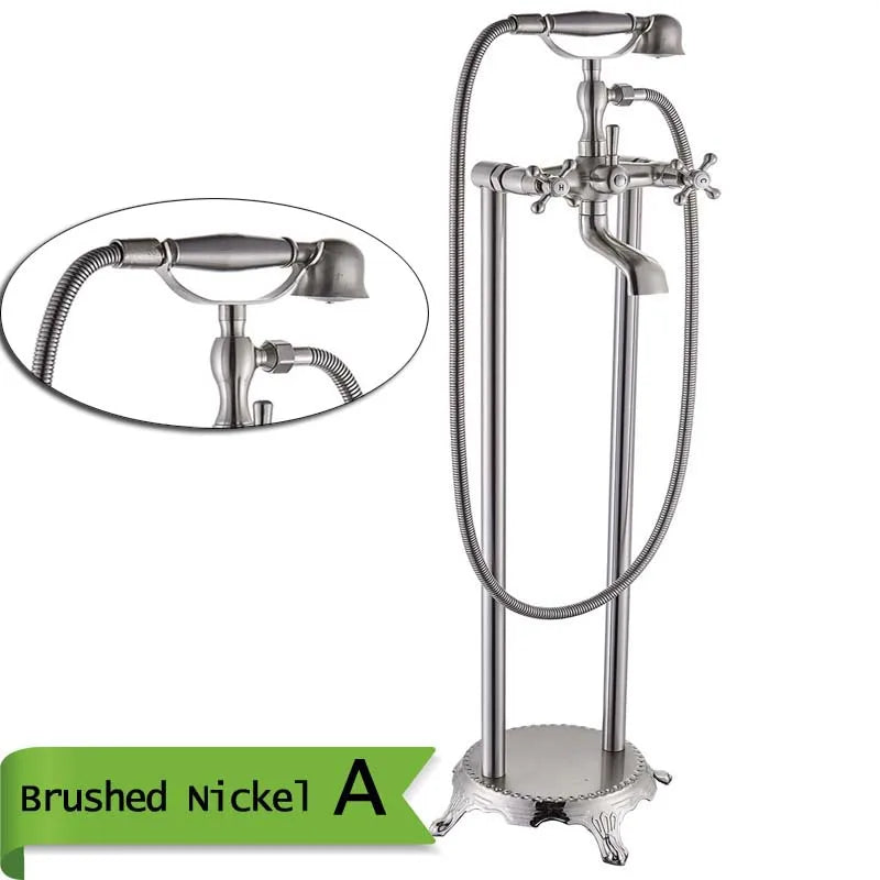 Robinet Baignoire Ìlot Sol Laiton Antique – Double Poignée, Bec Pivotant & Douchette | Style Vintage Salle de Bain