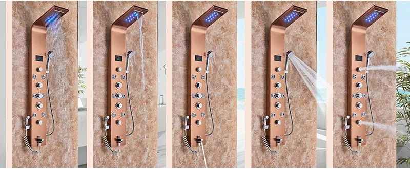 Panneau Douche LED 6 Modes Intelligent – Colonne LCD Rose Gold | Pluie, Cascade, Jets Massage & Robinet Mitigeur