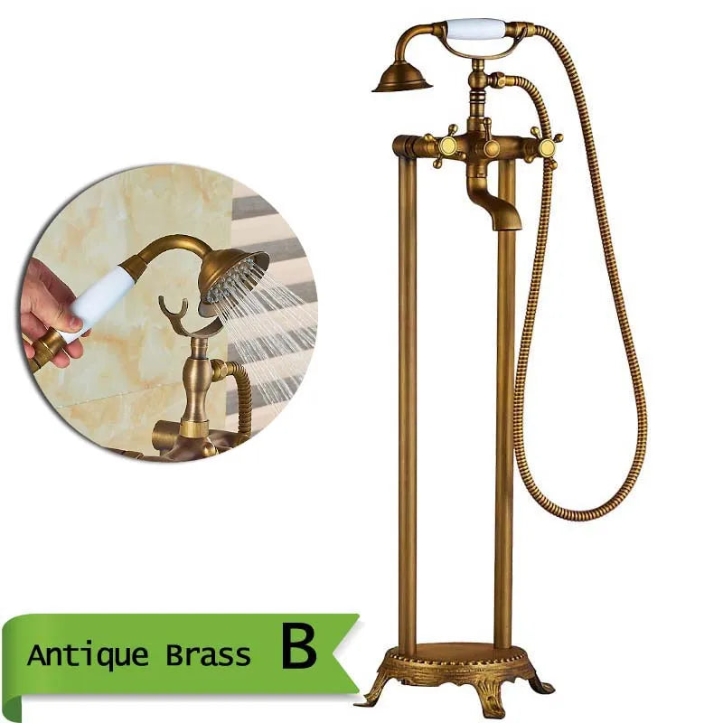 Robinet Baignoire Ìlot Sol Laiton Antique – Double Poignée, Bec Pivotant & Douchette | Style Vintage Salle de Bain