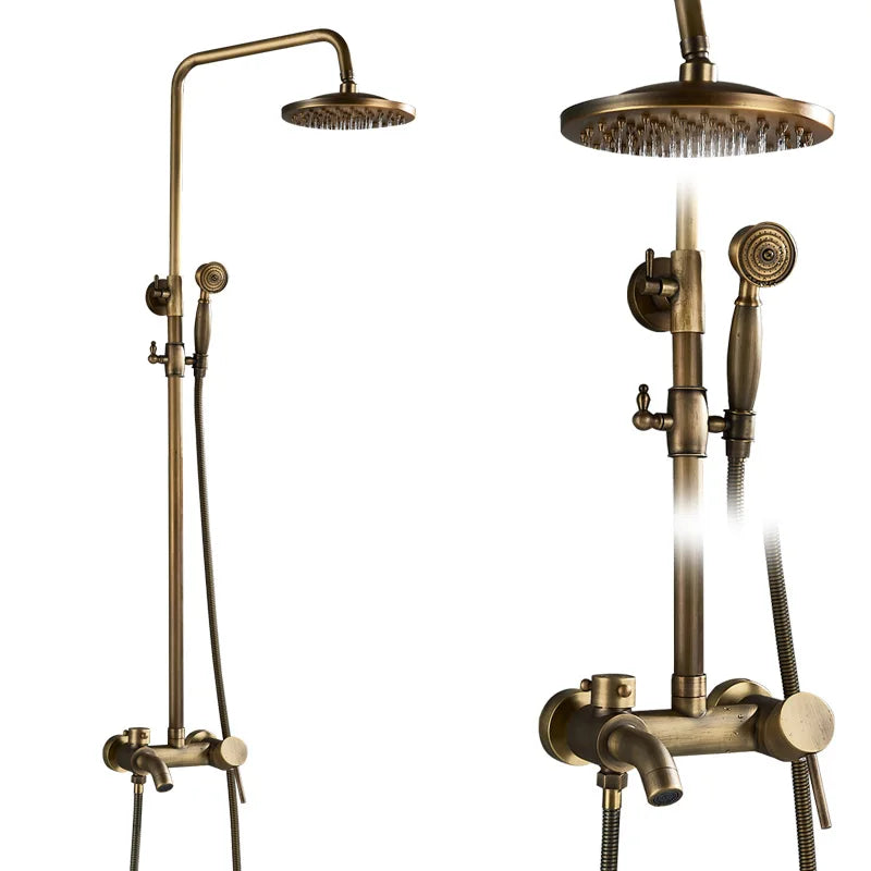 Rozin Ensemble Douche Antique Laiton Mural – Double Poignée, Douchette & Étagère Intégrée | Mitigeur Style Vintage