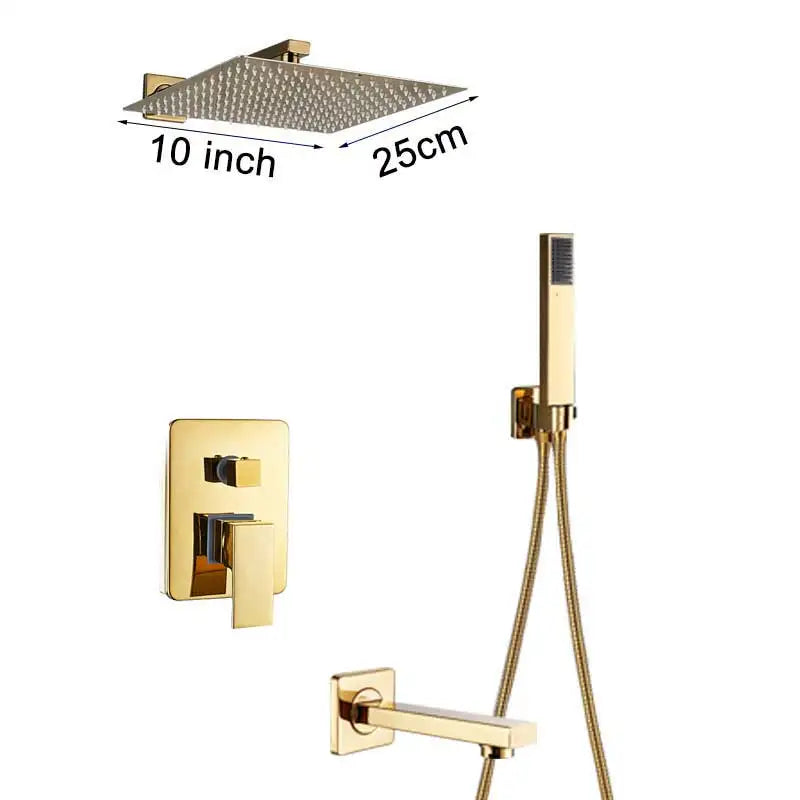 Rozin Ensemble Douche Pluie Carrée Or Encastrée – 8"/10"/12" au Choix, Mitigeur Caché & Bec Baignoire | Salle de Bain Luxe