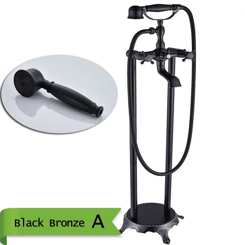 Robinet Baignoire Ìlot Sol Laiton Antique – Double Poignée, Bec Pivotant & Douchette | Style Vintage Salle de Bain