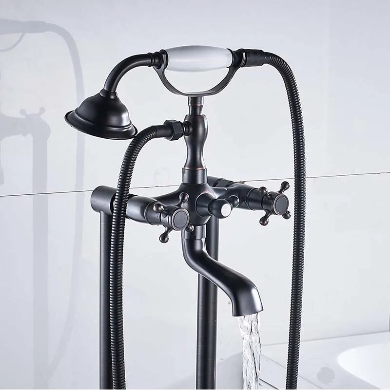 Robinet Baignoire Ìlot Sol Laiton Antique – Double Poignée, Bec Pivotant & Douchette | Style Vintage Salle de Bain