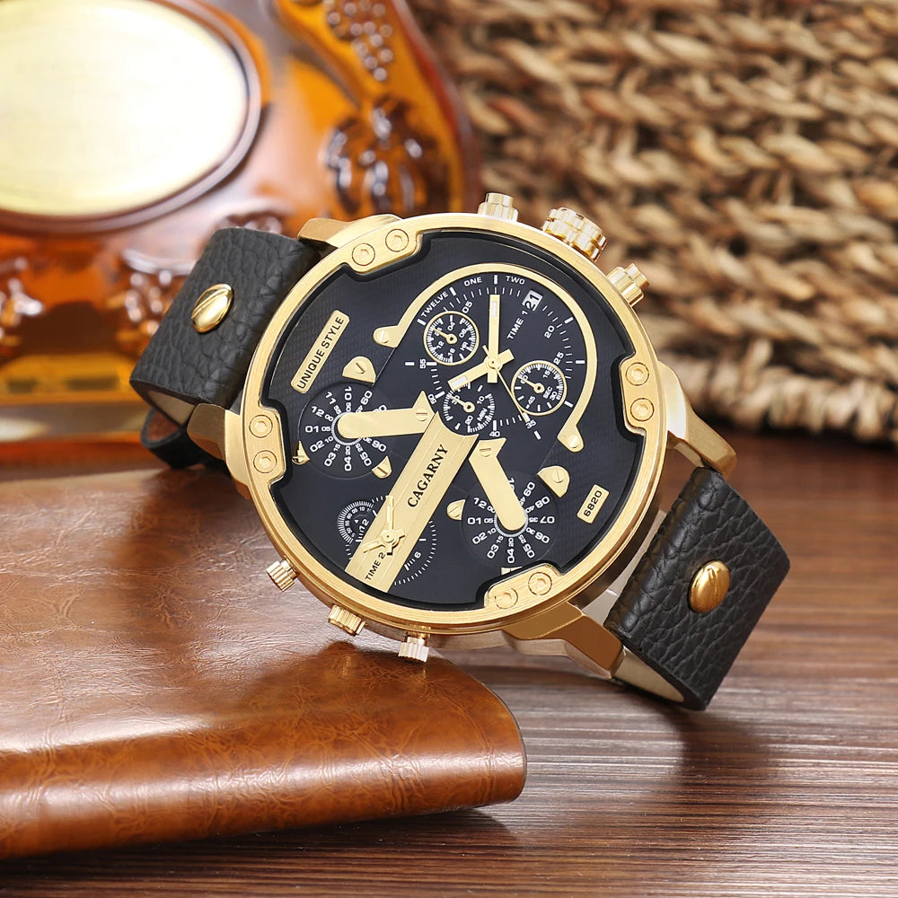 Montre Homme Cagarny D6820 Quartz Militaire – Double Fuseau Bracelet Cuir Fashion
