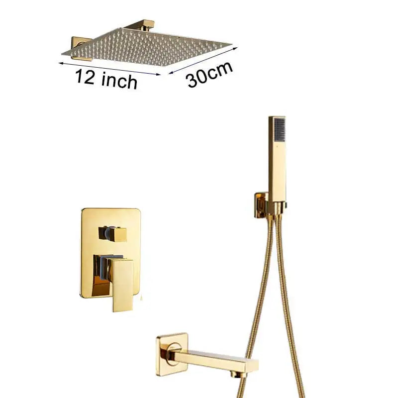 Rozin Ensemble Douche Pluie Carrée Or Encastrée – 8"/10"/12" au Choix, Mitigeur Caché & Bec Baignoire | Salle de Bain Luxe