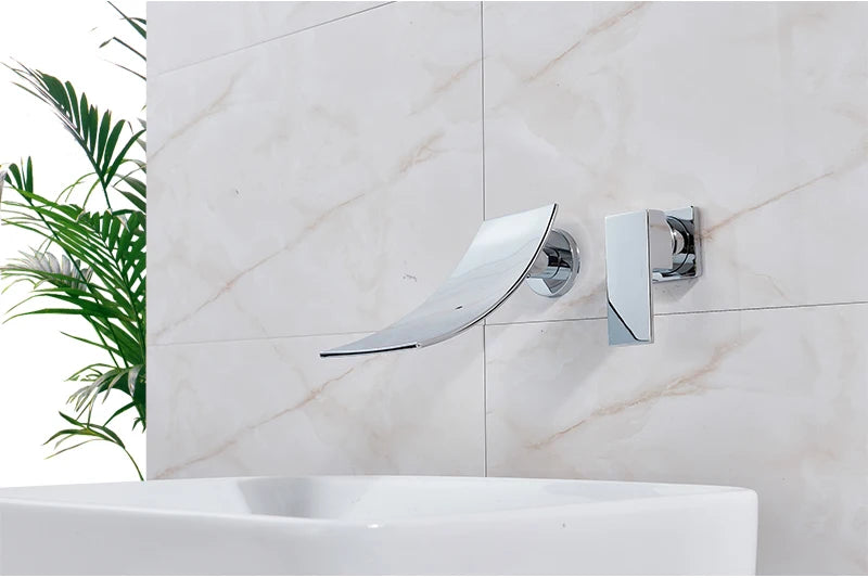 Rozin Robinet Lavabo Cascade Mural – Chrome & Noir Mat, Mitigeur Mono-Commande | Eau Chaude & Froide Salle de Bain