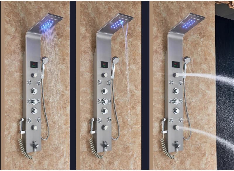 Panneau Douche LED 6 Modes Intelligent – Colonne LCD Rose Gold | Pluie, Cascade, Jets Massage & Robinet Mitigeur