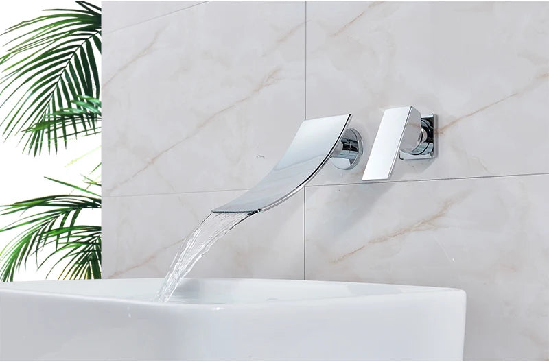 Rozin Robinet Lavabo Cascade Mural – Chrome & Noir Mat, Mitigeur Mono-Commande | Eau Chaude & Froide Salle de Bain