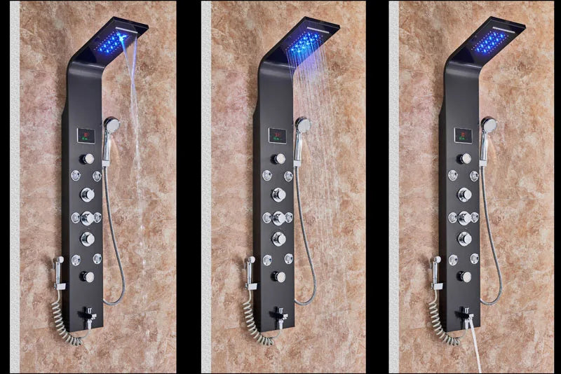 Panneau Douche LED 6 Modes Intelligent – Colonne LCD Rose Gold | Pluie, Cascade, Jets Massage & Robinet Mitigeur