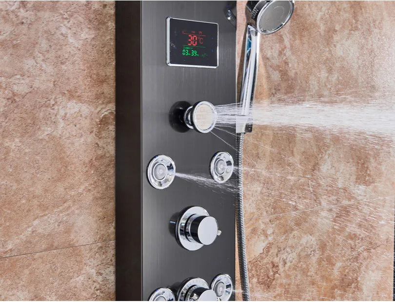 Panneau Douche LED 6 Modes Intelligent – Colonne LCD Rose Gold | Pluie, Cascade, Jets Massage & Robinet Mitigeur