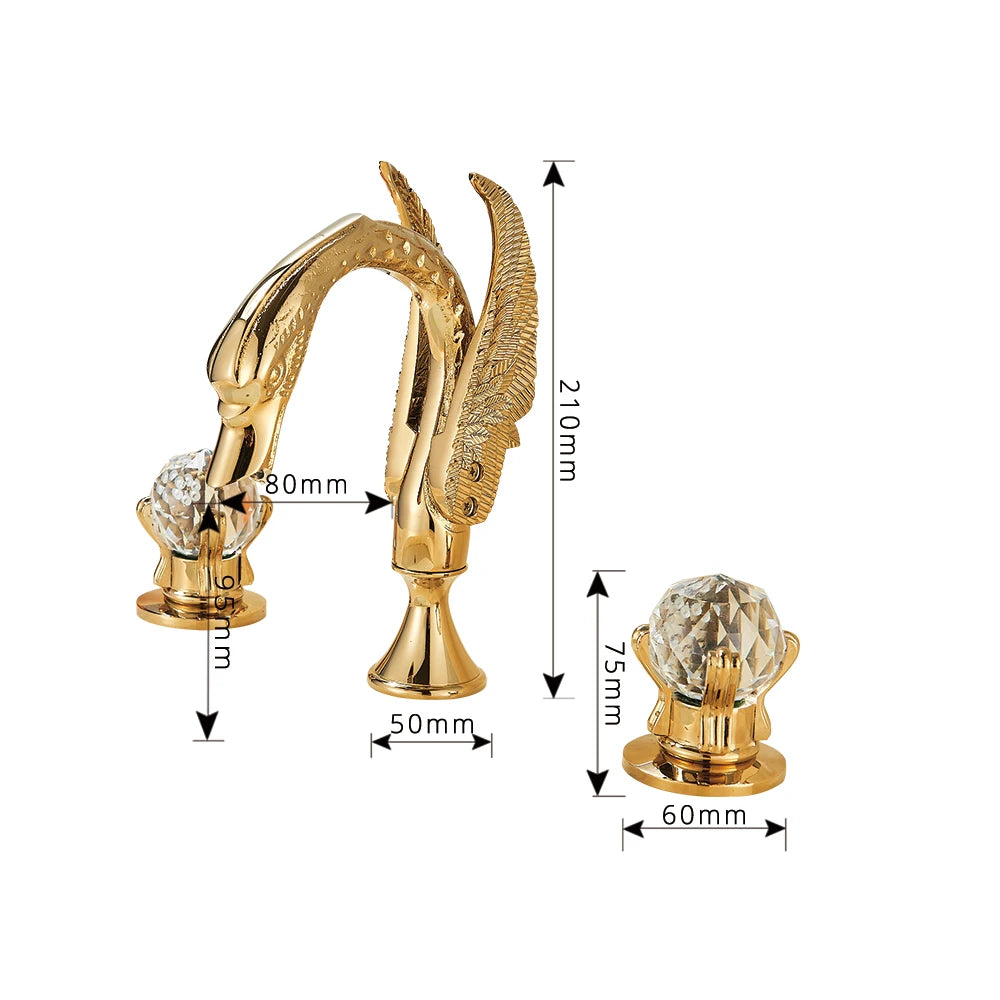 Rozin Robinet Lavabo Cygne Or Luxe – Double Poignée Cristal, Mitigeur Eau Chaude & Froide | Pièce Maîtresse Salle de Bain