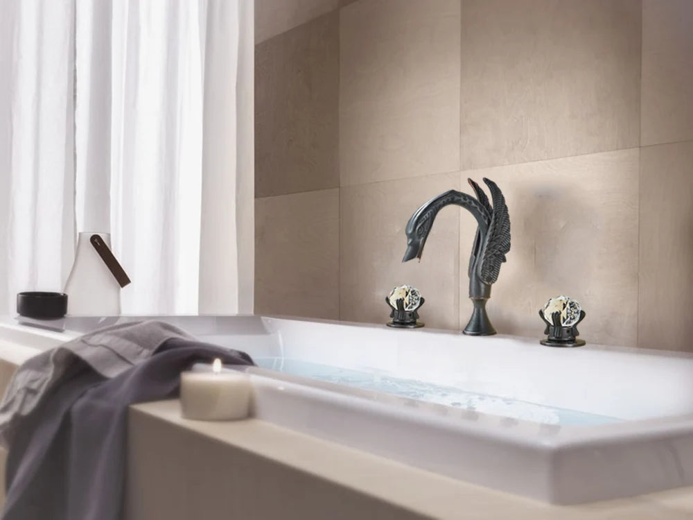 Rozin Robinet Lavabo Cygne Or Luxe – Double Poignée Cristal, Mitigeur Eau Chaude & Froide | Pièce Maîtresse Salle de Bain