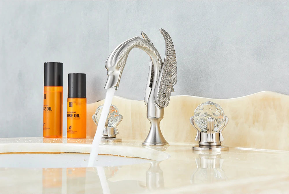 Rozin Robinet Lavabo Cygne Or Luxe – Double Poignée Cristal, Mitigeur Eau Chaude & Froide | Pièce Maîtresse Salle de Bain
