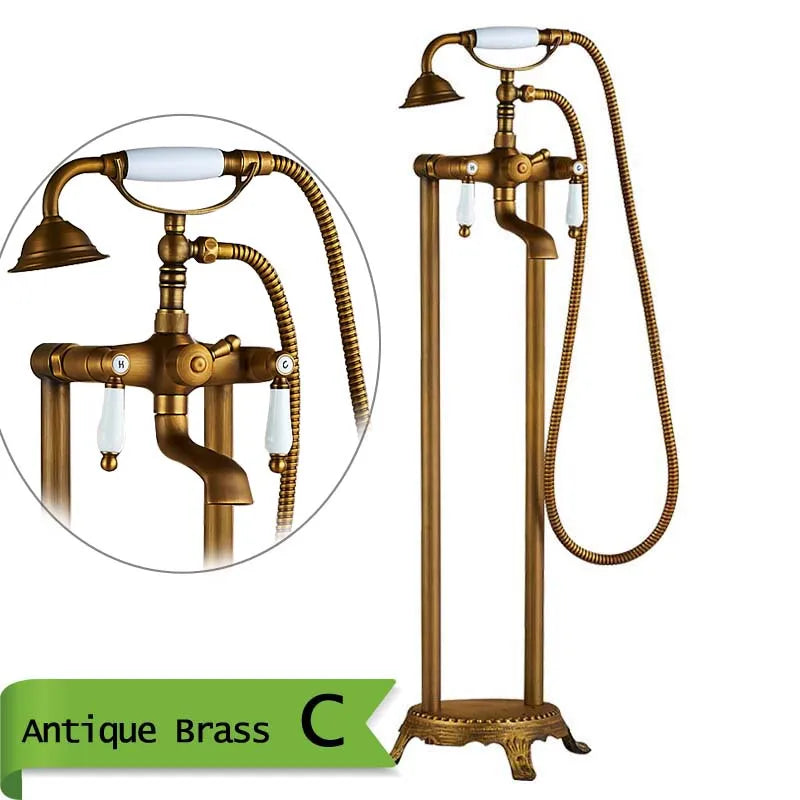 Robinet Baignoire Ìlot Sol Laiton Antique – Double Poignée, Bec Pivotant & Douchette | Style Vintage Salle de Bain