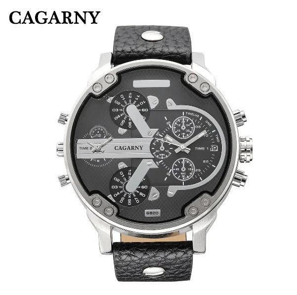 Montre Homme Cagarny D6820 Quartz Militaire – Double Fuseau Bracelet Cuir Fashion