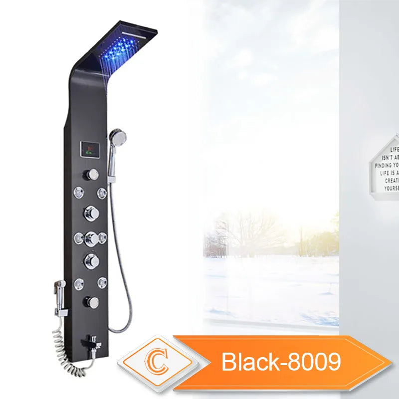 Panneau Douche LED 6 Modes Intelligent – Colonne LCD Rose Gold | Pluie, Cascade, Jets Massage & Robinet Mitigeur
