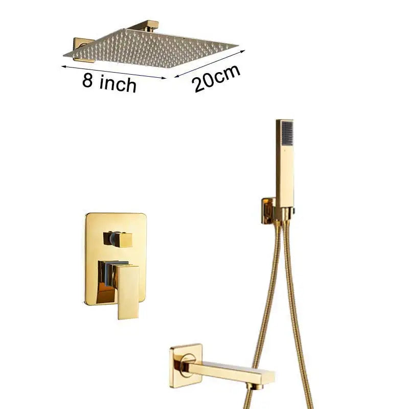 Rozin Ensemble Douche Pluie Carrée Or Encastrée – 8"/10"/12" au Choix, Mitigeur Caché & Bec Baignoire | Salle de Bain Luxe