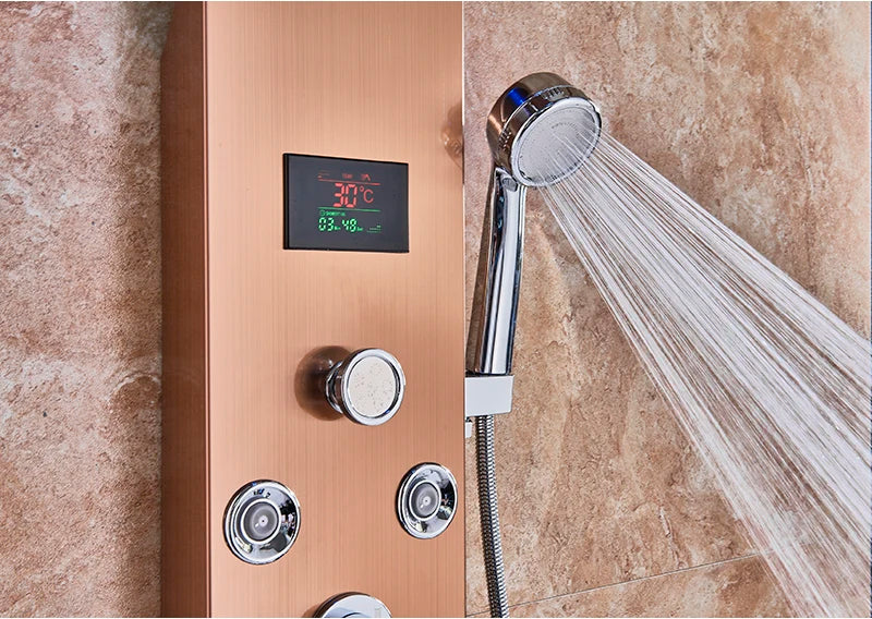 Panneau Douche LED 6 Modes Intelligent – Colonne LCD Rose Gold | Pluie, Cascade, Jets Massage & Robinet Mitigeur