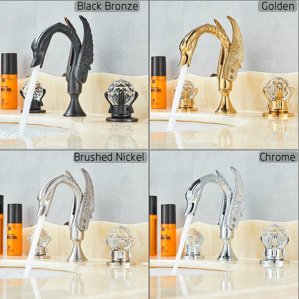 Rozin Robinet Lavabo Cygne Or Luxe – Double Poignée Cristal, Mitigeur Eau Chaude & Froide | Pièce Maîtresse Salle de Bain